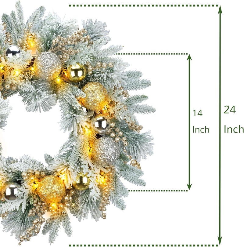 YULETIME 24" Christmas Wreath, Artificial Holiday Wreath with Baubles, Berries, Leaves, Spruce Branches, Snowy Pine Needles (Gold Bauble) - Image 4